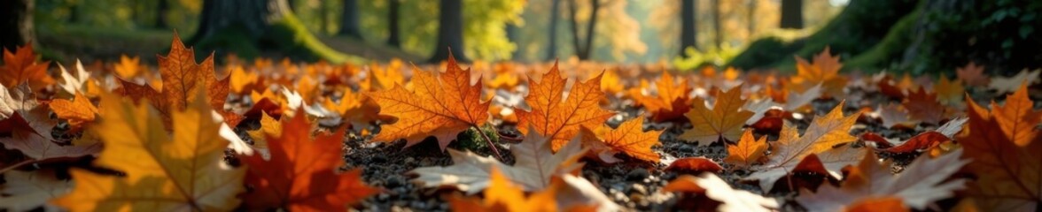 Large oak leaves scattered on the forest floor, organic elements, leaf patterns, foliage