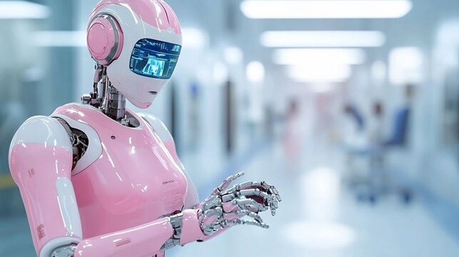 Pink Robot Nurse in Hospital Corridor