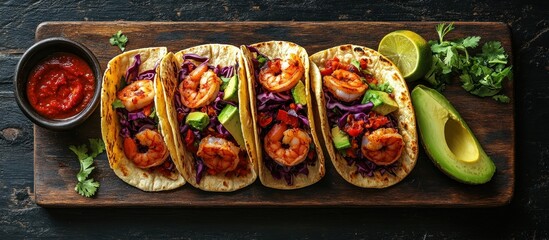 Delicious shrimp tacos with fresh ingredients on a rustic wooden board for food lovers