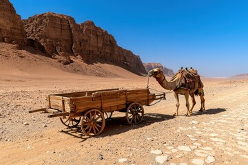 Camel Pulling Wooden Cart in Desert Landscape with Mountains and Clear Blue Sky
