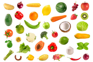 Various of fruit and vegetables collection isolated on white background.