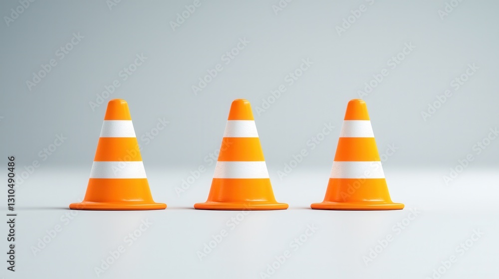 Aufkleber three vibrant orange traffic cones with smooth glossy surfaces standing in a row against a plain lig