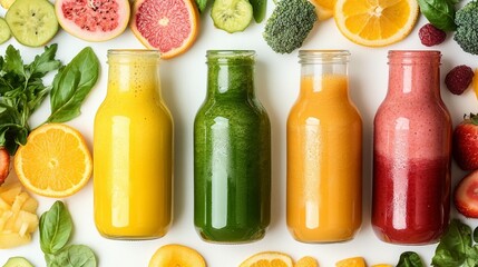 Four bottles of colorful fruit and vegetable smoothies surrounded by fresh ingredients.
