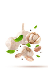 Falling garlic with mint leaves isolated on white background.