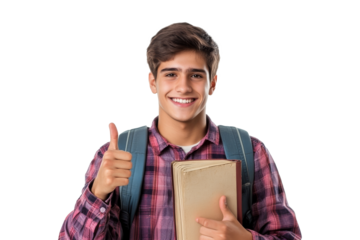 Student gives thumbs up while holding books and wearing a backpack in a cheerful expression