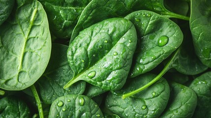 Fresh spinach leaves with water droplets, close-up view. (1)