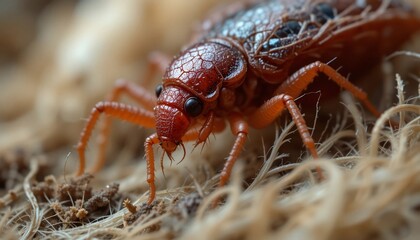 Close up of a Reddish Brown Insect Crawling on Tan Fibrous Surface