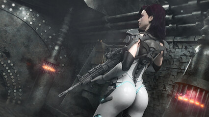 3d rendering of a female cyborg character wearing armor and carrying a weapon walking down a dark space craft corridor with soft focus background