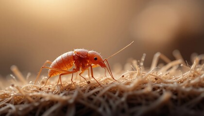 Fototapeta premium Close up of a Red Insect on Brown Fibrous Surface at Golden Hour