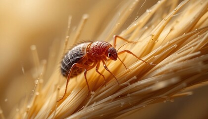 Fototapeta premium Extreme Close up of a Bed Bug on Wheat Stalks Detailed Pest Insect Macro Photography
