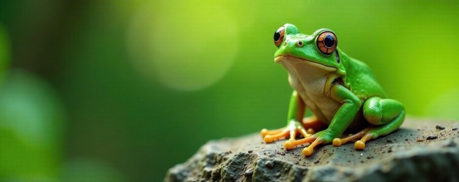 silly green frog sitting on a rock , rock, green, greenfrog