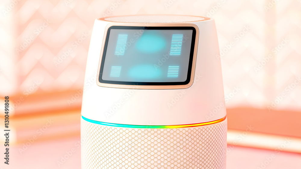 Poster a sleek, modern smart speaker with a digital display and colorful led ring, designed for voice inter