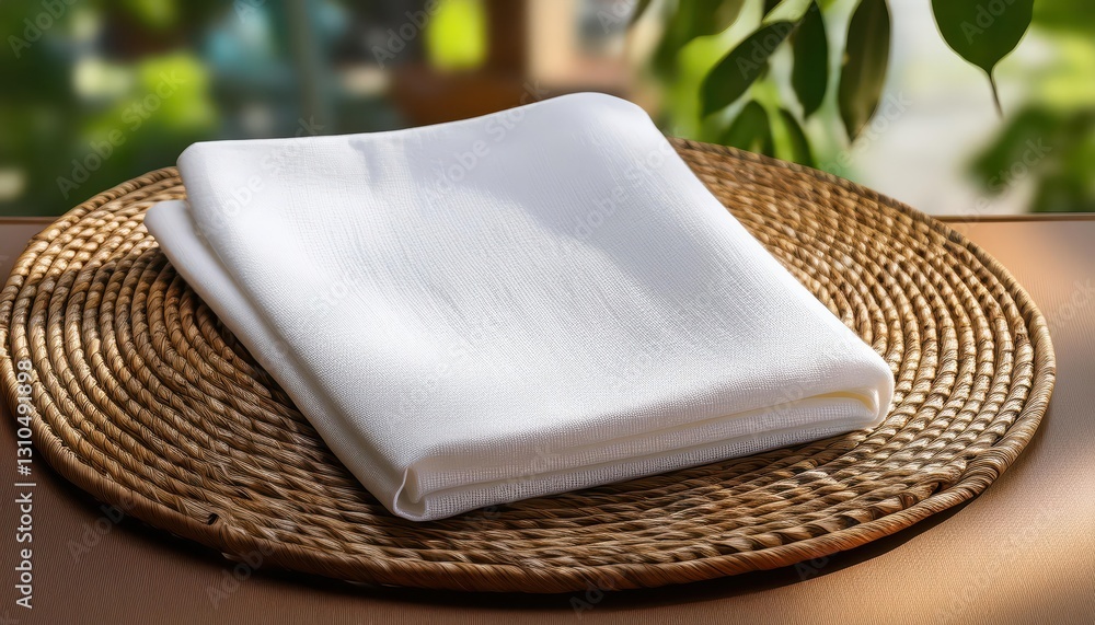 Poster folded white tea towel on wicker table mat elegant whiteness and rustic textures enhance design pres