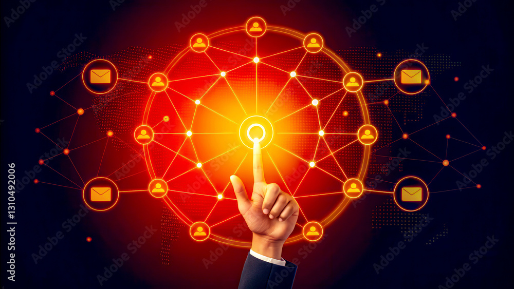 Poster a hand pointing at a glowing network, symbolizing connectivity and digital interaction in a modern t