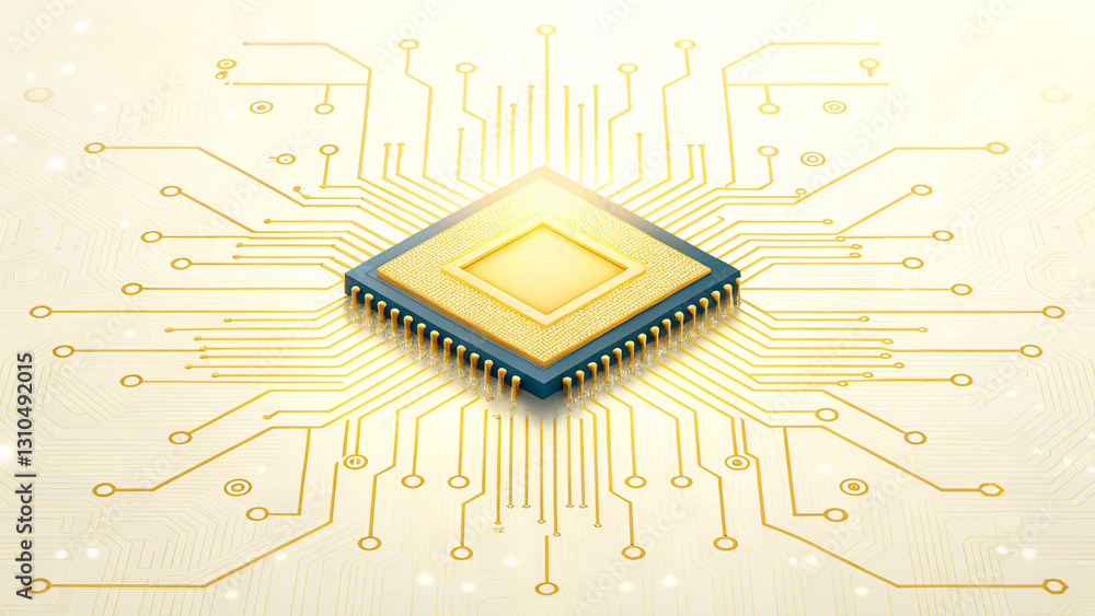 Poster a golden microchip surrounded by intricate circuitry, symbolizing advanced technology and innovation