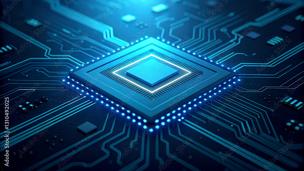 Poster a close-up view of a microchip surrounded by intricate circuitry, illuminated with blue lights, show
