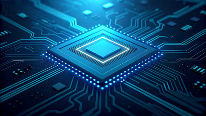 A close-up view of a microchip surrounded by intricate circuitry, illuminated with blue lights, showcasing modern technology and innovation.