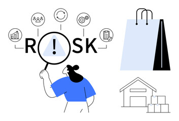 Woman examines RISK with magnifier among icons of process, people, data, and documents. Shopping bag, warehouse symbolize retail. Ideal for risk assessment, retail strategy, supply chain