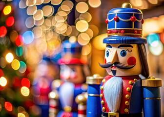 Festive Blue & Red Nutcracker Soldier Close-Up with Blurred Background - Christmas Decoration