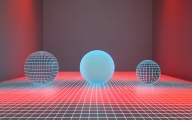 Neon Retro Grid with Wireframe and Solid Spheres