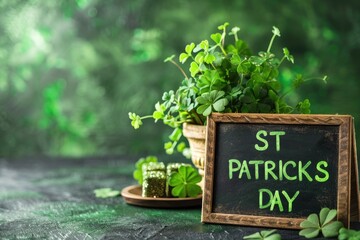 wooden sign st patrick with clay pot of shamrock clover pant