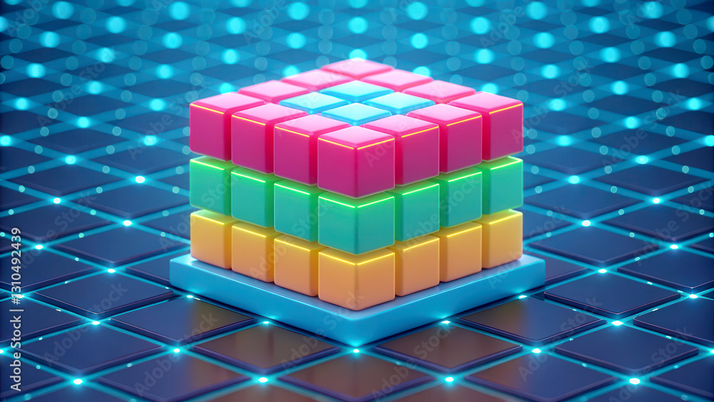 Poster a vibrant 3d puzzle cube sits on a glowing grid, showcasing colorful squares in a modern, digital se