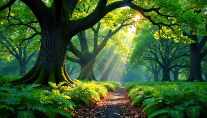 Mature deciduous forest with ancient oak trees and ferns , forest, tree, nature