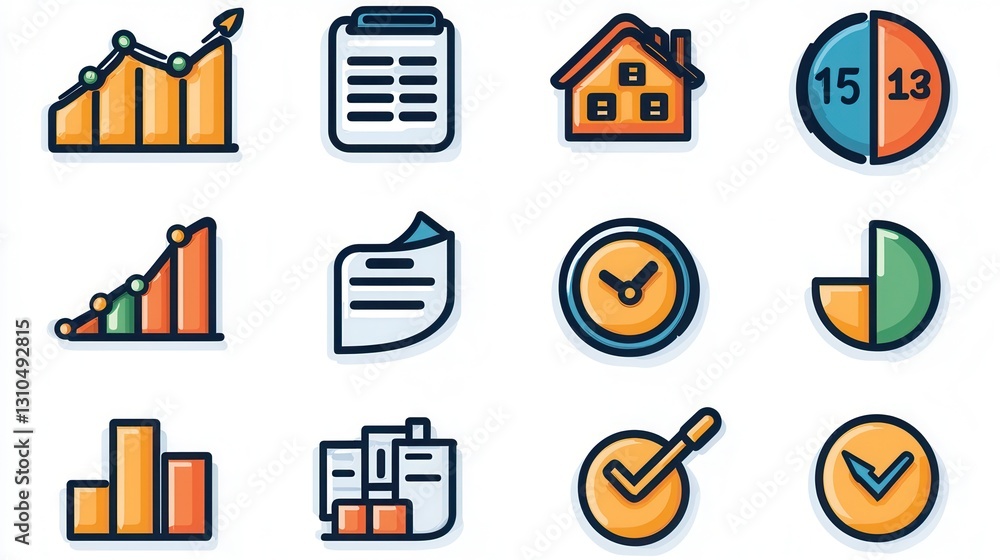 Poster a comprehensive set of 15 line style icons representing various statistical data visualization and a