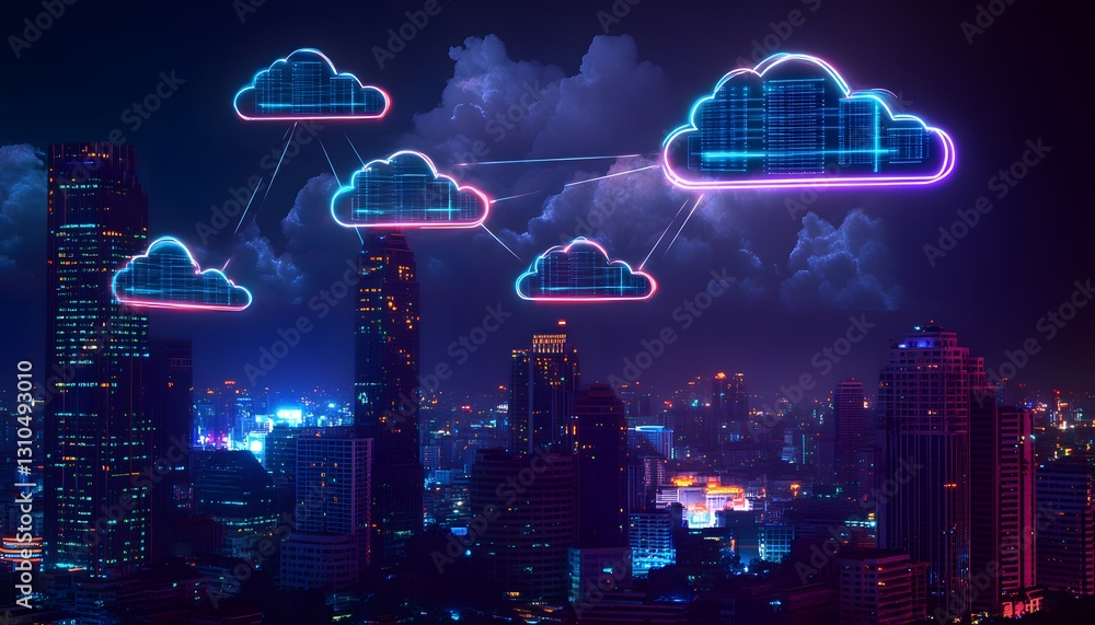 Poster cloud computing network over illuminated cityscape