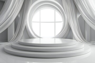 Fototapeta premium Product Display, Podium, Elegant White Circular Podium Display with Draped Curtains and Oval Window