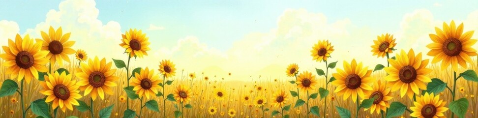 Watercolor illustration of sunflowers in a field, cheerful, field, watercolor flowers