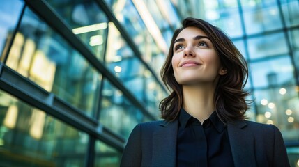 A confident young woman in a suit gazing upwards in a modern urban setting.