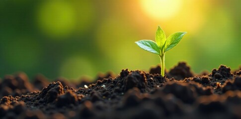 Small green sprout emerging from earth in sunlight, shoot, photosynthesis, sunlight