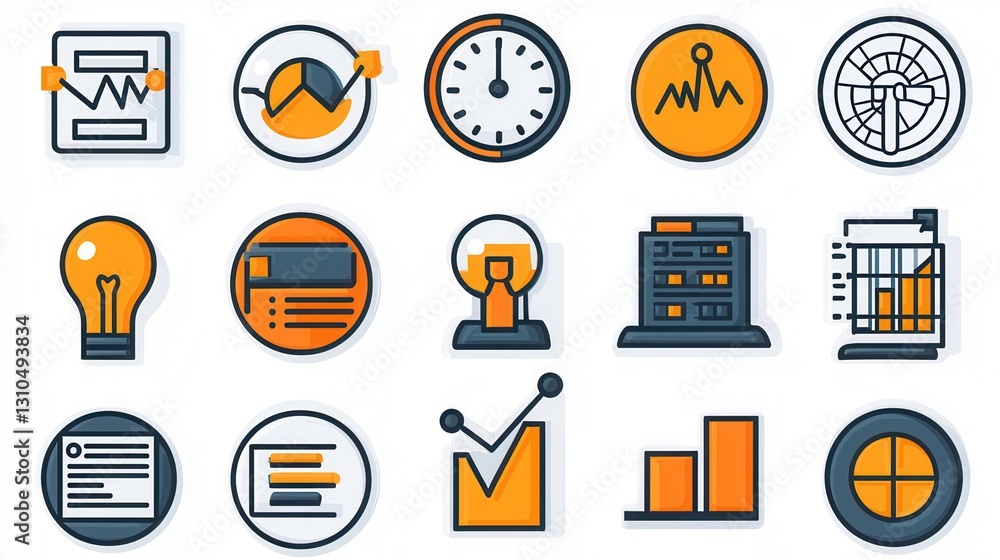 Poster set of outline data visualization icons focused on digital analytics business reporting performance 