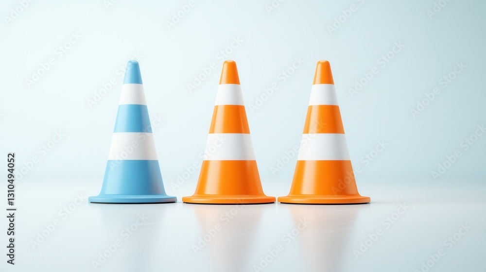 Poster a set of three traffic cones in different colors white orange and blue arranged in a clean studio li