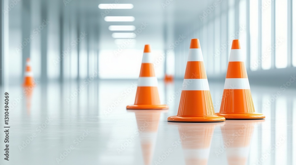 Poster a set of three orange and white traffic cones positioned in a minimalist clean setting serving as vi