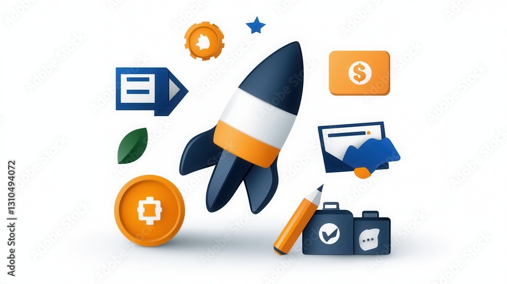 Poster rocket startup business growth and success concepts with digital technology innovations software ana