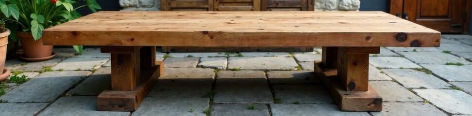 Fototapeta premium Wooden table with rustic design features, set on a natural stone floor, room, dining, rustic