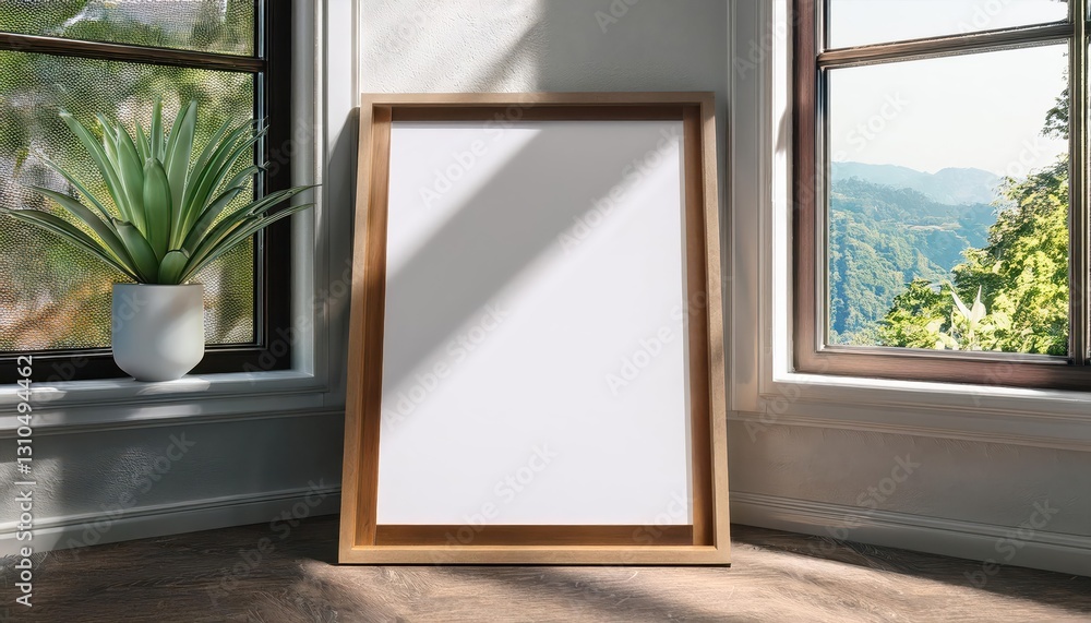 Aufkleber 3d render closeup of mockup poster frame near window with urban cityscape backdrop, showcasing glimp