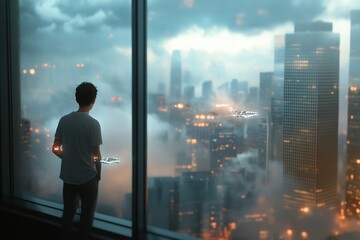 Fototapeta premium Man gazes at futuristic cityscape with hovering vehicles during a foggy evening
