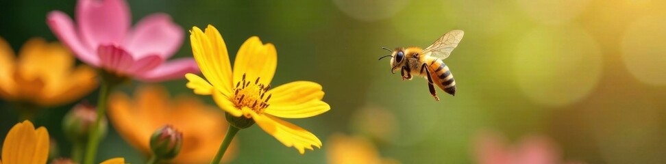 Yellow bee flying above colorful flowers, petals, insects