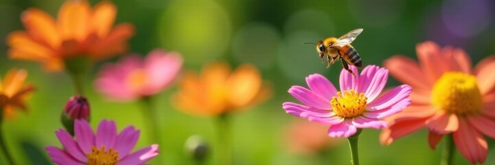 Yellow bee flying above colorful flowers in a garden , bee, garden, nature