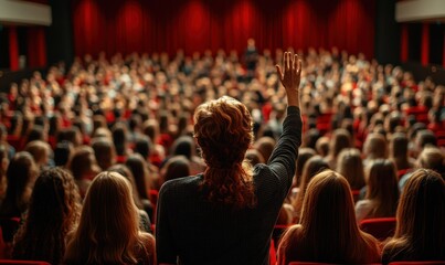 Engaged Audience at a Conference with a Woman Raising Hand for Participation in a Red-Curtained Venue