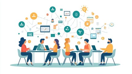 Diverse Team Brainstorming Digital Project Ideas, Colorful Flat Design Illustration