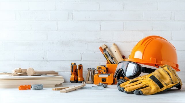 A Well Balanced Display of Construction Protective Equipment and Tools Highlighting the Essential Items Needed for a Safe and Productive Work Environment in the Building and Remodeling Industry