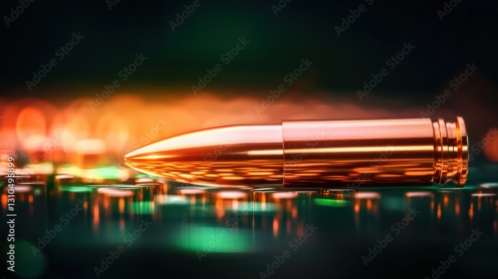 Poster a copper bullet lies on a collection of metallic buttons, reflecting warm light in a dim environment