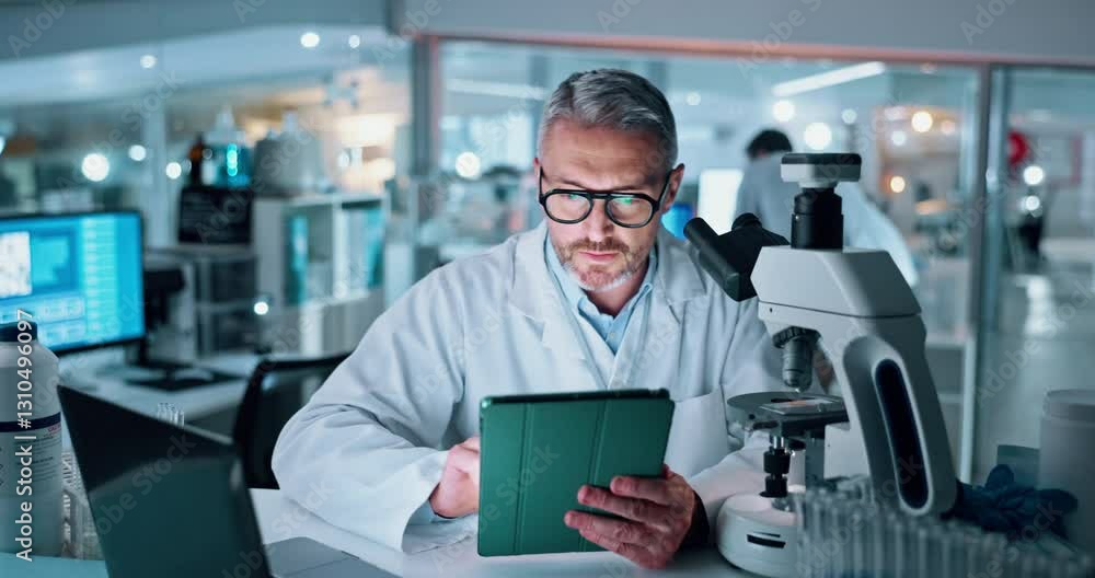 Poster man, microscope and scientist with tablet in lab for research, experiment results and treatment. mat