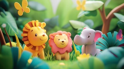 Obraz premium Three cute cartoon animals standing in a lush green jungle setting