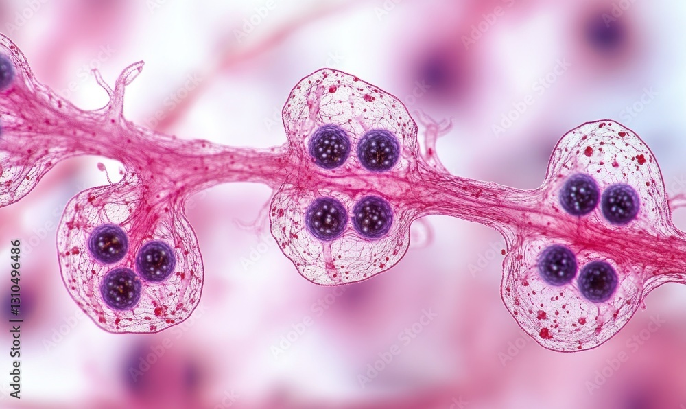 Poster microscopic view of colorful cells with distinctive structures and bubbles under light analysis
