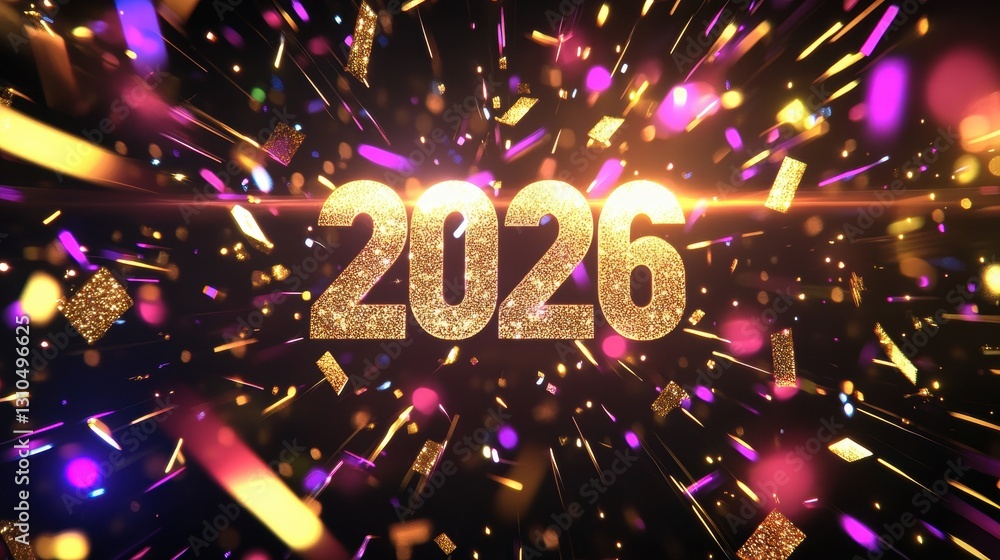Poster golden numbers representing 2026 shine brightly in a lively setting filled with colorful sparks and 